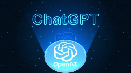 ChatGPT developed by OpenAI. OpenAI logo in hologram and ChatGPT neon text on cyberspace background. ChatGPT illustration for banner, website, landing page, ads, flyer template.
