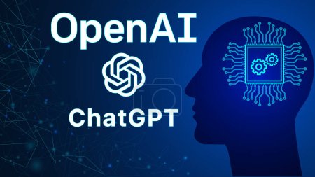 Ilustración de ChatGPT desarrollado por OpenAI. Logo OpenAI, texto ChatGPT y chip o procesador dentro de la cabeza humana. ChatGPT ilustración para banner, sitio web, landing page, anuncios, plantilla de folleto. - Imagen libre de derechos