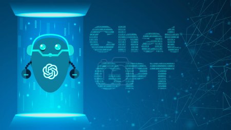 ChatGPT développé par OpenAI. Logo OpenAI et texte ChatGPT sur fond de cyberespace. Illustration ChatGPT pour bannière, site web, page de renvoi, annonces, modèle de flyer.