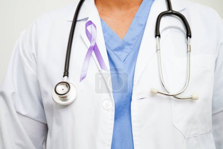 Photo for Asian woman doctor with purple ribbon, World Pancreatic Cancer day or World Alzheimer day. - Royalty Free Image
