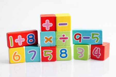 Number wood block cubes for learning Mathematic, education math concept. Poster 624174718