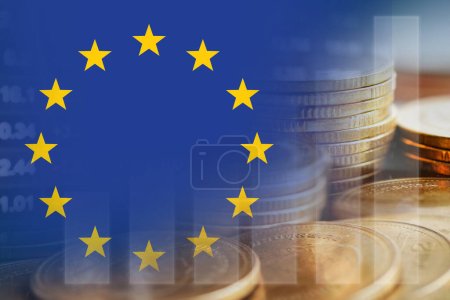 Photo for European Union EU flag with stock market finance, economy trend graph digital technology. - Royalty Free Image