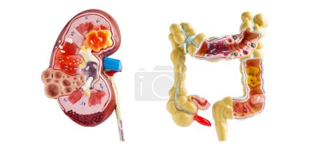 Kidney and intestine model isolated on white background, doctor holding anatomy model for study diagnosis and treatment in hospital.