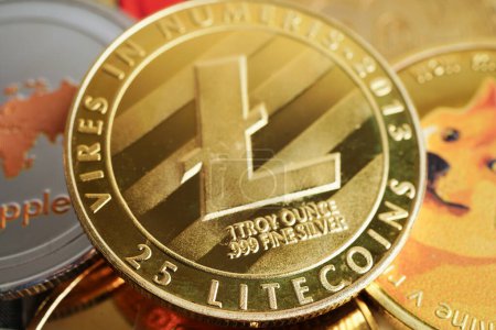 Litecoins on circuit mainboard computer for business and commercial, Digital currency, Virtual cryptocurrency.