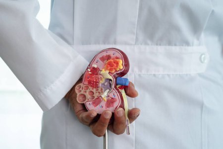 Chronic kidney disease, doctor with model for treatment urinary system, urology, Estimated glomerular filtration rate eGFR.