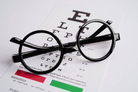 Glasses on eye exam chart to test eyesight accuracy of reading.