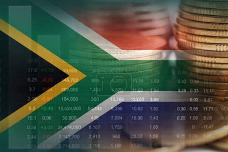 Südafrika Flagge mit Börsenfinanzierung, Wirtschaft Trenddiagramm digitale Technologie.