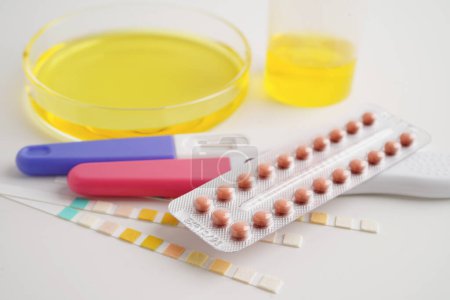 Analyse d'urine, test de grossesse et coupe d'urine pour femme du jour de l'ovulation, foetus, maternité, accouchement, contraception.