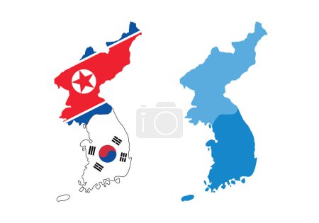 Corea del Norte y Corea del Sur mapa del país y bandera, ilustración vectorial. 