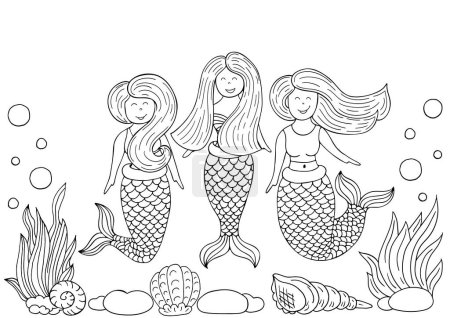 Illustration for Three mermaid friends in the underwater world. Monochrome. Drawing for a children's holiday, postcards - Royalty Free Image