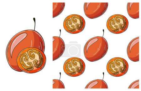 Illustration for Seamless pattern with tropical fruits. Set in hand draw style. Tamarillo. Can be used for fabric and etc - Royalty Free Image