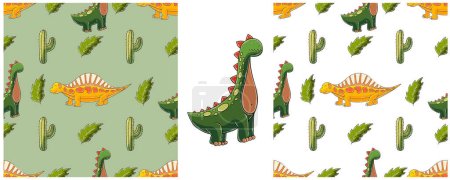 Illustration for Dinosaurs of the Jurassic period. Hand drawn Set dinosaurs seamless pattern. Print for cloth design, textile, fabric, wallpaper, wrapping paper - Royalty Free Image