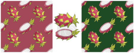 Illustration for Seamless pattern with fruits. Color Set in hand draw style. Dragon fruit, pitaya - Royalty Free Image