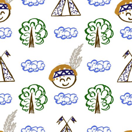 Seamless pattern. Children's drawings with wax crayons. Wigwam, Indian. Print for cloth design, textile, fabric, wallpaper wrapping