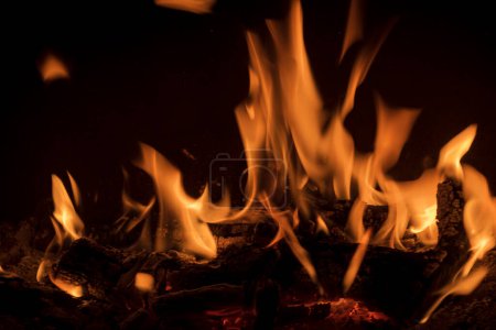 Photo for Flames of fire with logs of firewood inside a fireplace autumn photos romantic photos of fire - Royalty Free Image