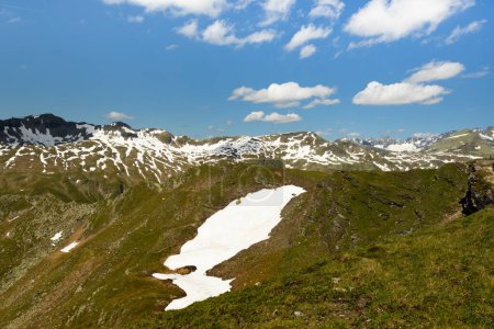 Téléchargez les photos : Paysage montagneux estival avec des sommets enneigés et une langue enneigée. Photo de haute qualité - en image libre de droit