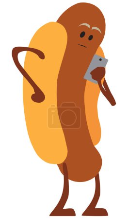 Téléchargez les illustrations : Un hot dog de dessin animé vérifie un message sur son téléphone portable - en licence libre de droit