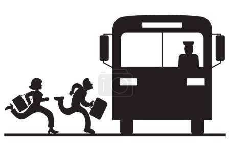 Ilustración de Un hombre y una mujer se apresuran a subirse a un autobús urbano - Imagen libre de derechos