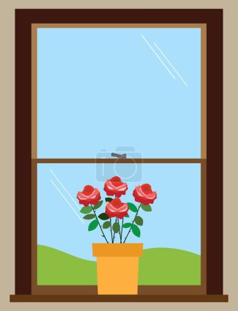 Ilustración de Una maceta con rosas está sentada en una ventana - Imagen libre de derechos
