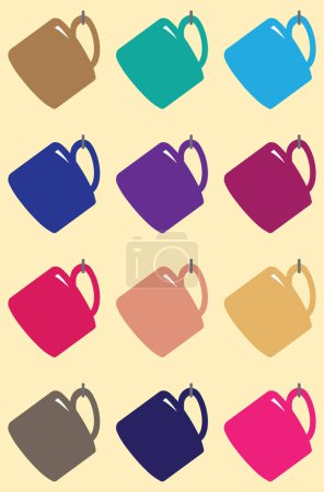 Illustration for Several colorful coffee cups are hanging by hooks on a kitchen wall - Royalty Free Image