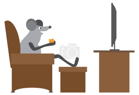 Illustration for A cartoon mouse is enjoying a cheese snack while watching TV - Royalty Free Image
