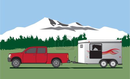 A red pickup pulling a horse trailer is parked in a scenic setting