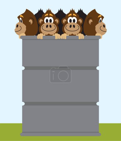 Illustration for A barrel full of cartoon monkeys is resting on a lawn - Royalty Free Image