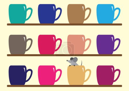 Illustration for A sneaky cartoon mouse is peeking out of a cup on a shelf - Royalty Free Image