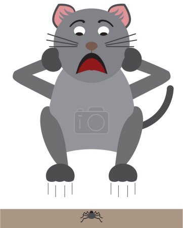Ilustración de A gray cartoon cat is leaping in fright at the sight of a spider - Imagen libre de derechos