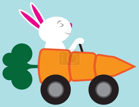 Ilustración de Un conejo de dibujos animados feliz está navegando en un coche de zanahoria - Imagen libre de derechos