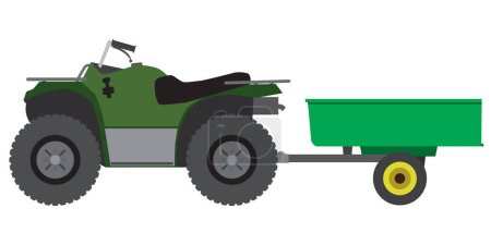 Illustration for A flat vector green ATV is pulling a utility trailer - Royalty Free Image