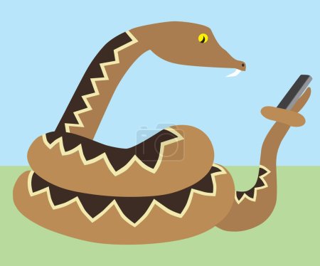 Illustration for A cartoon snake is using a cell phone to be social - Royalty Free Image