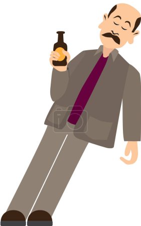 Illustration for A cartoon man holding a beer has passed out against a wall - Royalty Free Image