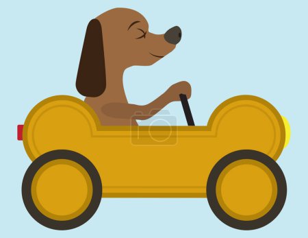 Ilustración de Un perro de dibujos animados está felizmente conduciendo en un coche con forma de galleta - Imagen libre de derechos