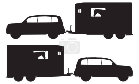 An SUV is pulling a horse trailer in silhouette