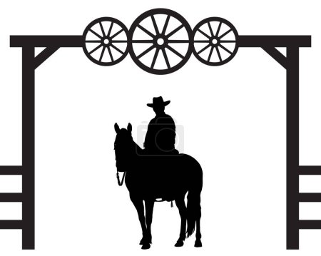 A cowboy is sitting on horseback while under the gate entrance to a ranch