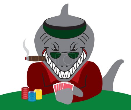 Ilustración de Un tiburón de la tarjeta de vector plano está jugando póquer y mirando hacia el espectador - Imagen libre de derechos