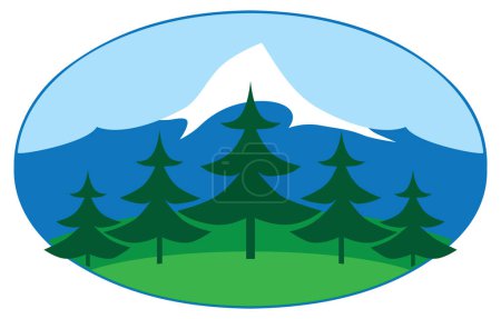 Téléchargez les illustrations : Cinq conifères devant des montagnes enneigées à l'intérieur d'un ovale - en licence libre de droit