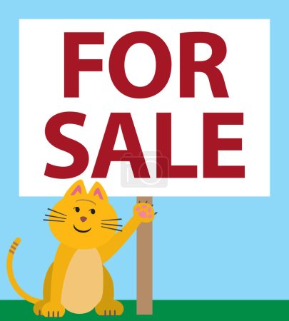 Illustration for A smiling cartoon cat is drawing attention to a for sale sign - Royalty Free Image