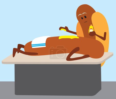 Téléchargez les illustrations : Un hot-dog de dessin animé reçoit un traitement à la moutarde au spa - en licence libre de droit