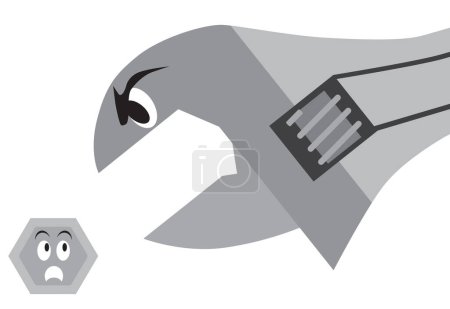 Illustration for An angry cartoon crescent wrench is going after a frightened bolt - Royalty Free Image