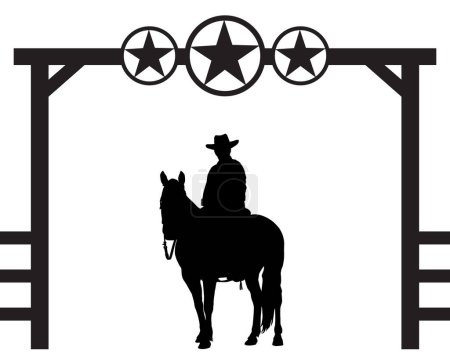 Téléchargez les illustrations : Un cow-boy est assis à côté de son cheval sous une porte d'entrée du ranch - en licence libre de droit