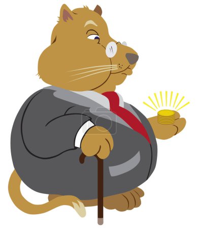 Illustration for A large wealthy cat is examining a handful of gold coins - Royalty Free Image