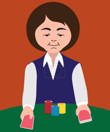 Illustration for A cartoon casino worker is dealing out the cards of a poker game - Royalty Free Image