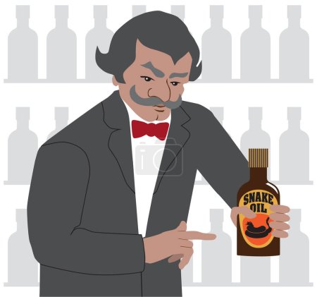 Illustration for A shady snake oil salesman is trying to move his product - Royalty Free Image