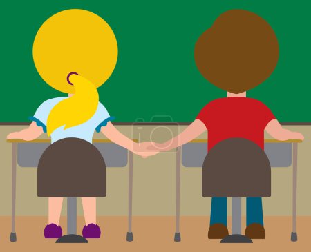 Téléchargez les illustrations : Deux jeunes écoliers de dessin animé se tiennent la main dans la salle de classe - en licence libre de droit