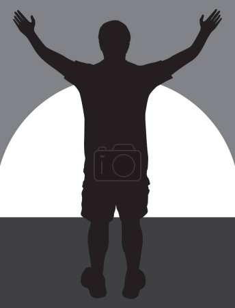 Illustration for A man in shorts and a t-shirt is greeting the rising sun with raised arms - Royalty Free Image