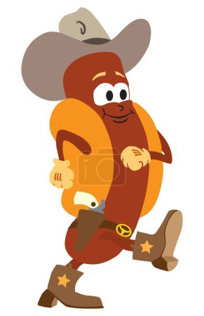 Illustration for A flat vector hot dog cowboy is strutting along the street - Royalty Free Image