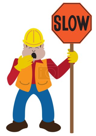 Illustration for A bored construction worker with a sign is stifling a yawn - Royalty Free Image