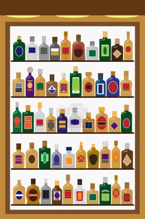 Ilustración de Un gabinete de licores iluminado con varias botellas de diferentes bebidas - Imagen libre de derechos